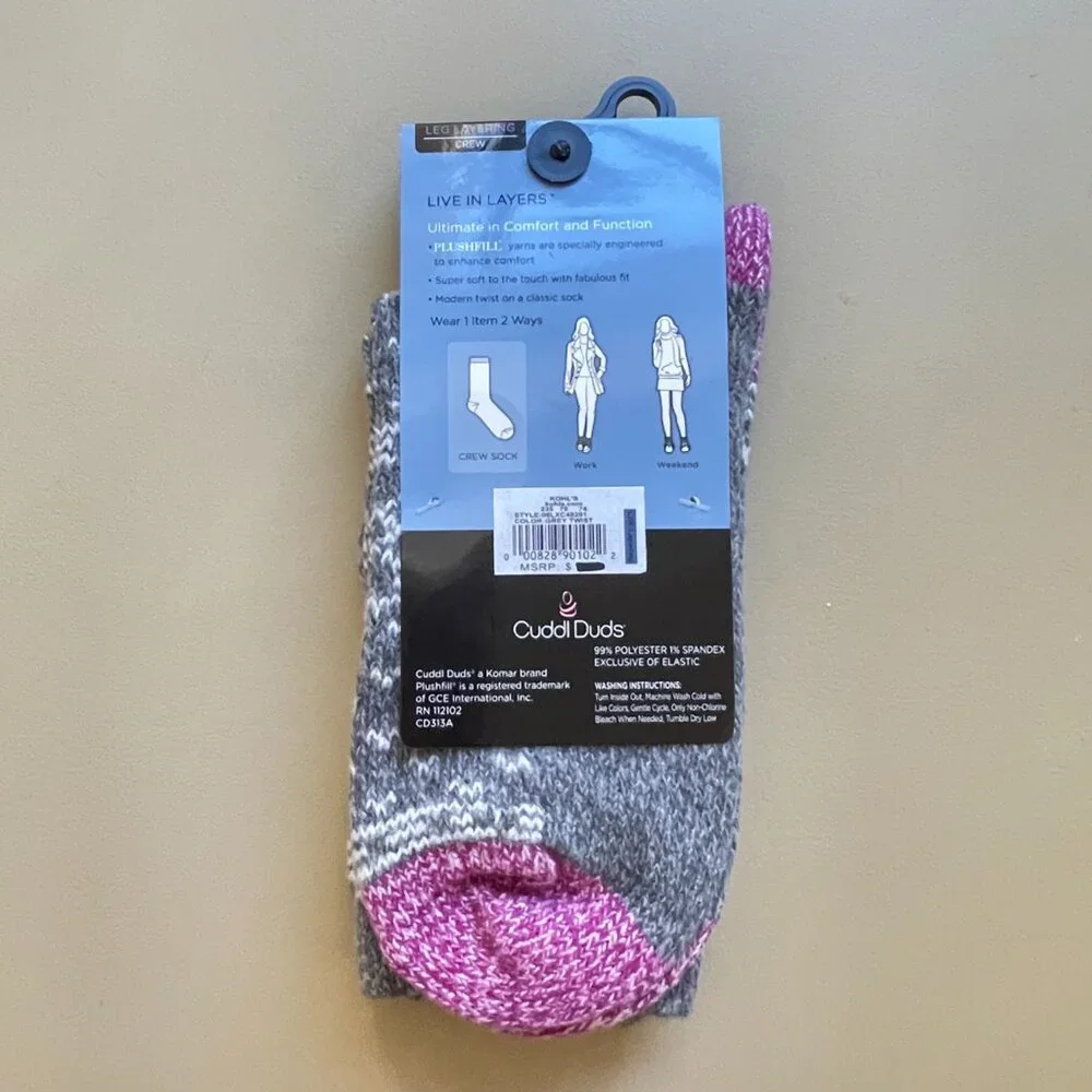 New Cuddl Duds Socks Plushfill 360 Leg Layering Crew Gray White Snowflake Twist